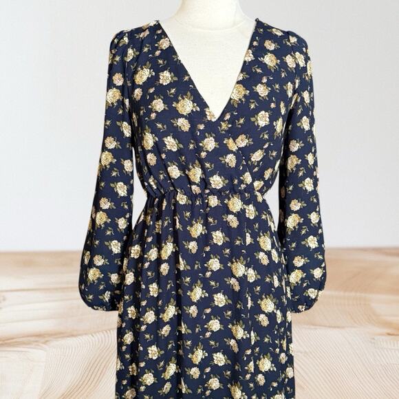 Promesa Maxi Dress Black Floral Sz M Long Balloon Sleeves Back Neck Tie Packable - Picture 7 of 12